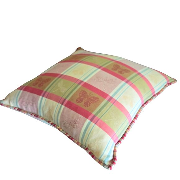 Country Cottage Plaid Accent Pillow  GrannyCore VTG 90s Yellow Pink Large 18x18 - Picture 9 of 16